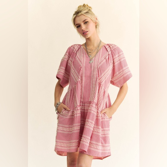 🟠 94B. Embroidered Stripe Detail Gingham Mini Dress - Red - Picture 4 of 13